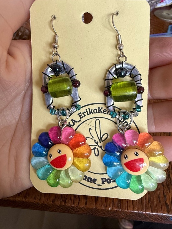 Handmade Jewelry - Real Stones & Glass Beads Handmade Upcycled Earrings Colorful Smiley Flowers